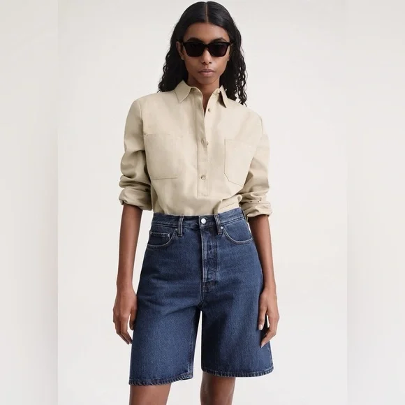 NWT Toteme Classic Bermuda Knee Length Cotton Denim Shorts Jorts Dark Blue Wash